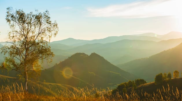 Beauty dawn in the mountains in Altay, panoramic picture