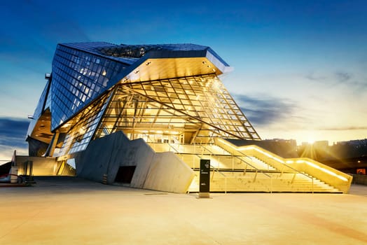 Confluences museum in Lyon city buy sunset