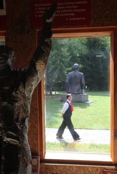 The historic Grutapark with old statues of Lenin and Stalin near the town of Druskininkai in the south of Vilnius and the Baltic State of Lithuania