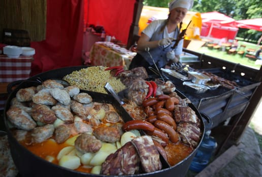 fresh food on a Summer Festival in a Parc in the old City of Vilnius in the Baltic State of Lithuania