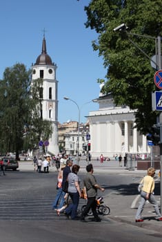 The old Town of the City Vilnius with the clocktower and the Johanneschurch in the Baltic State of Lithuania