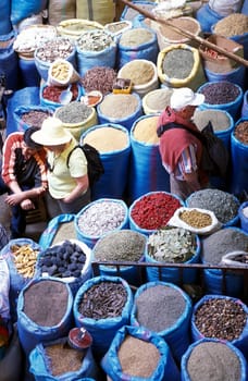 The Souq or Bazzar or Market in the old town of Marrakesh in Morocco in North Africa..