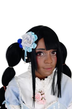 A beautiful African American woman in a portrait image, with.long black hair, isolated for white background..