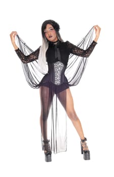A young African American woman standing in a black corset, twill skirt.and high heels and black gray hair, isolated for white background..