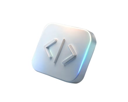 A sleek 3D holographic icon representing coding and programming, isolated on white background, featuring a symbol for coding languages. Modern, futuristic design.
