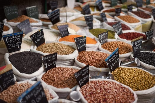 Varied grains being sold in the Municipal Market of the city of Curitiba, Brazil.