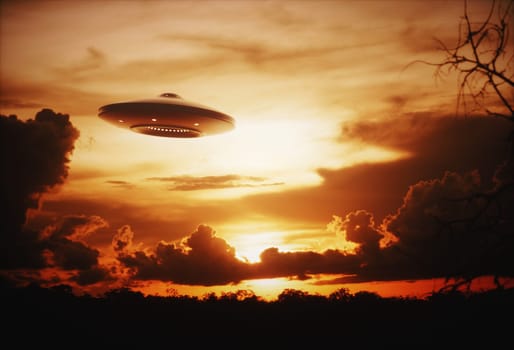 3D illustration with photography. Alien spaceship under the sunset.