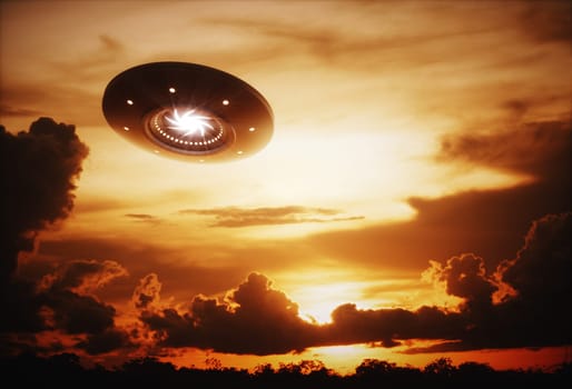 3D illustration with photography. Alien spaceship under the sunset.