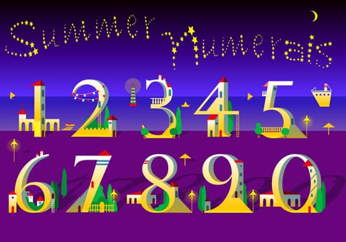 Summer Numbers. Signs are as white and yellow houses with red roofs, doors, windows and stairs. Purple and blue background is as sea and beach. Text by stars in the sky.  Illustration