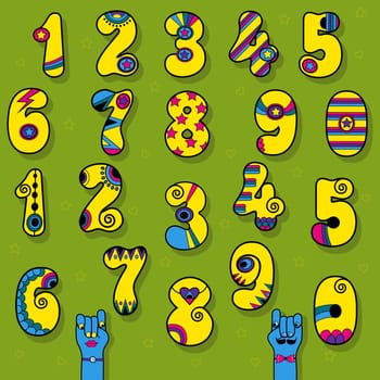 Set of Vintage Numerals. Yellow signs with bright colorful decor. Superhero and Disco Style. Cartoon Hands.  Illustration