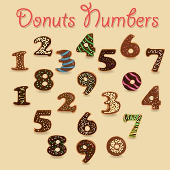 Chocolate Donuts Numbers. Brown Numerals with colorful cream and nuts decor.  Illustration