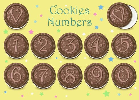Chocolate Round Cookies with graceful decor and numerals.  illustration