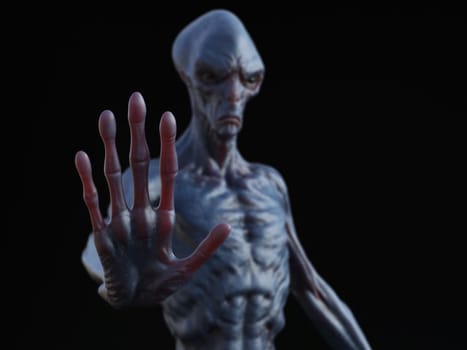 Alien creature holding its hand up like it's stopping you or greeting. 3D rendering. Black background.