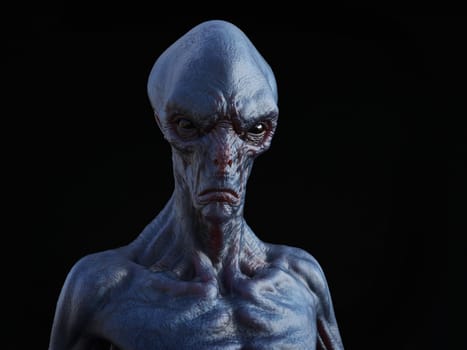 Portrait of an alien creature, 3D rendering. Black background.