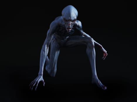 Portrait of an alien creature crouching and looking very angry, ready to attack, 3D rendering. Black background.