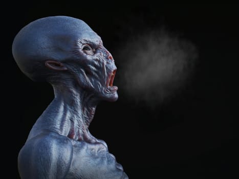 Portrait of an alien creature yelling and smoke coming out from its mouth, 3D rendering. Black background.