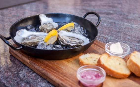 fresh opened oysters on metal black plate with bread and sauce