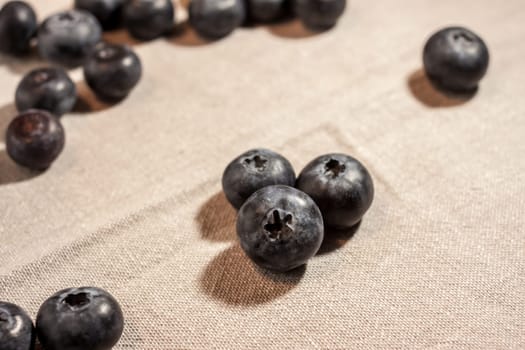 big fresh blueberries on grey textile background