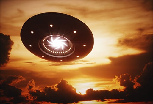 3D illustration with photography. Alien spaceship under the sunset.