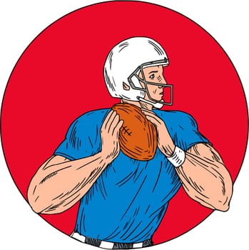 Drawing sketch style illustration of an american football gridiron quarterback player holding ball ready to throw ball viewed from the side set inside circle on isolated background.