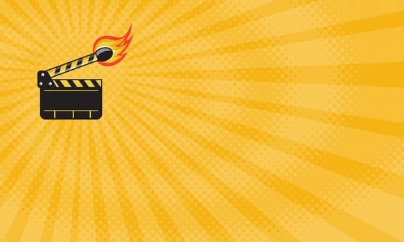 Business card showing Illustration of a clapper board match stick on fire set done in retro style. ....