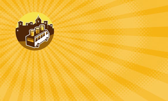 Business card showing Illustration of  beer flight glass each holding a different beer type on top of van  set inside circle with buildings in the background done in retro style. ....