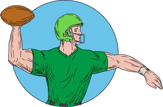 Drawing sketch style illustration of an american football gridiron quarterback player arms stretched throwing ball viewed from the side set inside circle on isolated background.
