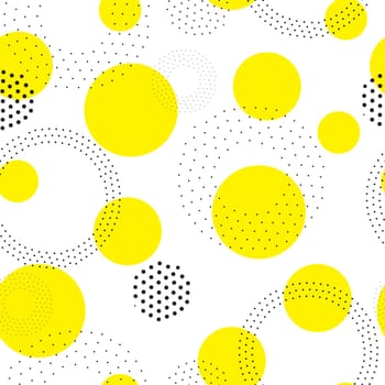 Vector geometric seamless pattern. Universal Repeating abstract circles figure in black white yellow. Modern halftone circle design, pointillism