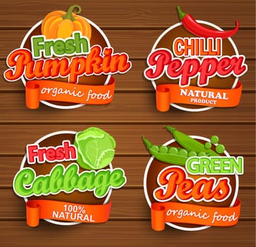 Farm fresh, organic food label - chilli pepper, pumpkin, cabbage, green peas badges or seals on the wooden background, vector illustration.