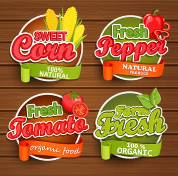 Farm fresh, organic food label - sweet corn, fresh pepper,tomato badges or seals on the wooden background, vector illustration.