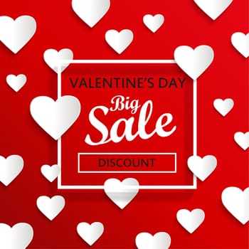 Valentines day big sale background, poster template. Red abstract background with hearts ornaments. February 14.Vector illustration.