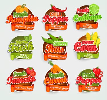 Fresh tomato, pumpkin, pepper, peas, cabbage, carrot, sweet corn, logo lettering typography food label or sticker. Concept for farmers market, organic food, natural product design.Vector illustration.