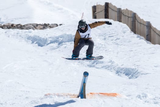COVILHA, PORTUGAL - APRIL 2, 2017:  Ricardo Lopes during the National Snowboard  Championships at Serra da Estrela, Covilha, Portugal.