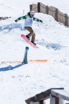 COVILHA, PORTUGAL - APRIL 2, 2017:  Guilherme Lopes during the National Snowboard  Championships at Serra da Estrela, Covilha, Portugal.