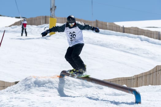 COVILHA, PORTUGAL - APRIL 2, 2017:  Pedro Sezulfe during the National Snowboard  Championships at Serra da Estrela, Covilha, Portugal.