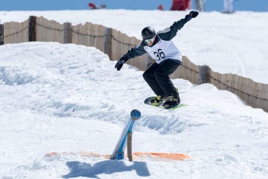 COVILHA, PORTUGAL - APRIL 2, 2017:  Pedro Sezulfe during the National Snowboard  Championships at Serra da Estrela, Covilha, Portugal.