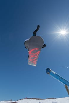 COVILHA, PORTUGAL - APRIL 2, 2017:  Mateus Morais during the National Snowboard  Championships at Serra da Estrela, Covilha, Portugal.
