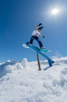 COVILHA, PORTUGAL - APRIL 2, 2017:  Diogo Pombeiro during the National Snowboard  Championships at Serra da Estrela, Covilha, Portugal.