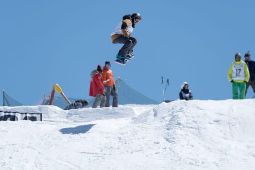 COVILHA, PORTUGAL - APRIL 2, 2017:  Ricardo Lopes during the National Snowboard  Championships at Serra da Estrela, Covilha, Portugal.