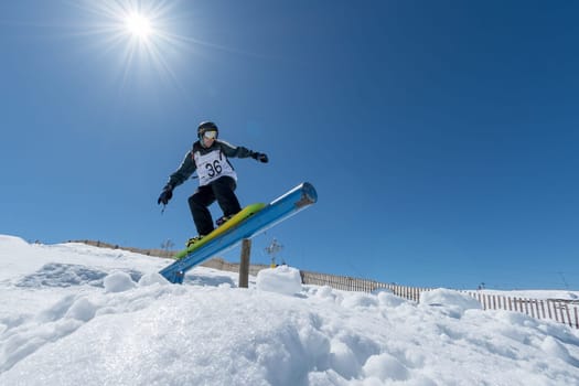 COVILHA, PORTUGAL - APRIL 2, 2017:  Pedro Sezulfe during the National Snowboard  Championships at Serra da Estrela, Covilha, Portugal.