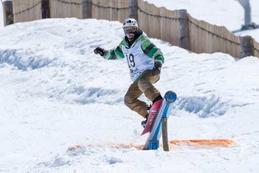 COVILHA, PORTUGAL - APRIL 2, 2017:  Guilherme Lopes during the National Snowboard  Championships at Serra da Estrela, Covilha, Portugal.