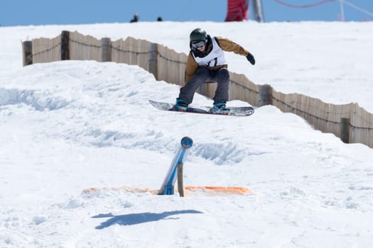 COVILHA, PORTUGAL - APRIL 2, 2017:  Ricardo Lopes during the National Snowboard  Championships at Serra da Estrela, Covilha, Portugal.