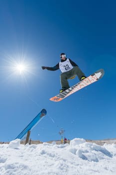 COVILHA, PORTUGAL - APRIL 2, 2017:  Jorge Margarido during the National Snowboard  Championships at Serra da Estrela, Covilha, Portugal.
