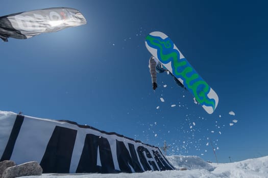 COVILHA, PORTUGAL - APRIL 2, 2017:  Diogo Pombeiro during the National Snowboard  Championships at Serra da Estrela, Covilha, Portugal.
