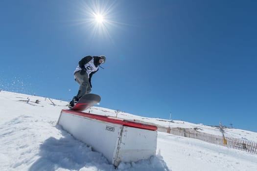 COVILHA, PORTUGAL - APRIL 2, 2017:  Mateus Morais during the National Snowboard  Championships at Serra da Estrela, Covilha, Portugal.