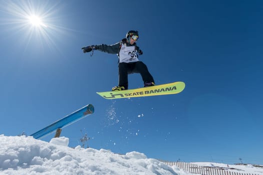 COVILHA, PORTUGAL - APRIL 2, 2017:  Pedro Sezulfe during the National Snowboard  Championships at Serra da Estrela, Covilha, Portugal.