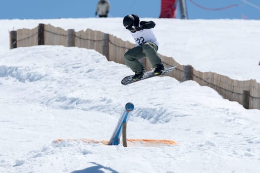 COVILHA, PORTUGAL - APRIL 2, 2017:  Jorge Margarido during the National Snowboard  Championships at Serra da Estrela, Covilha, Portugal.