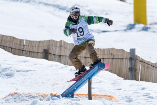 COVILHA, PORTUGAL - APRIL 2, 2017:  Guilherme Lopes during the National Snowboard  Championships at Serra da Estrela, Covilha, Portugal.