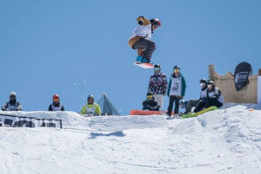 COVILHA, PORTUGAL - APRIL 2, 2017:  Ricardo Lopes during the National Snowboard  Championships at Serra da Estrela, Covilha, Portugal.