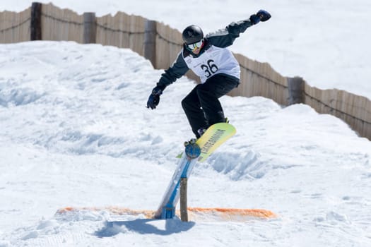 COVILHA, PORTUGAL - APRIL 2, 2017:  Pedro Sezulfe during the National Snowboard  Championships at Serra da Estrela, Covilha, Portugal.